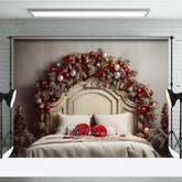 Lofaris Rustic Christmas Headboard Photography Backdrop Frosted Garland with Red Ornaments Farmhouse Bedroom Photo Prop